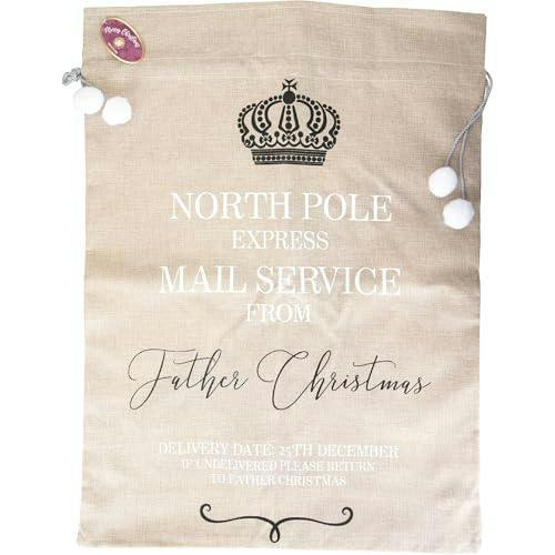 6cm Beige Hessian Christmas Sack with North Pole Express Print and Drawstring Closure image 5