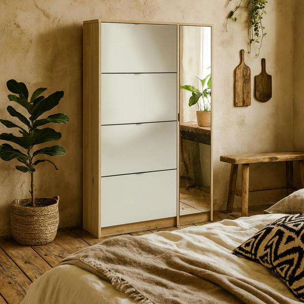 Wyld Haus Prague Natural Oak Effect Shoe Cabinet 4 Flip Down Doors Mirror Door