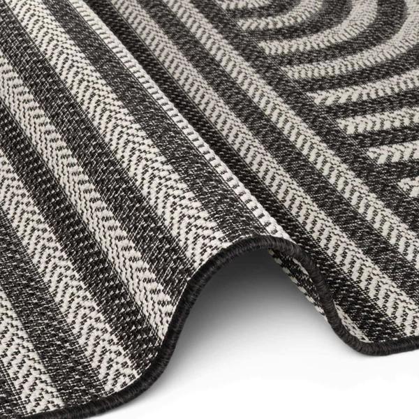 Close-up of a textured black and white patterned rug on a white background