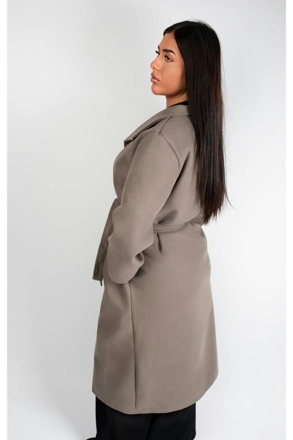 Marelle Belted Longline Coat With Button Detail - Mocha