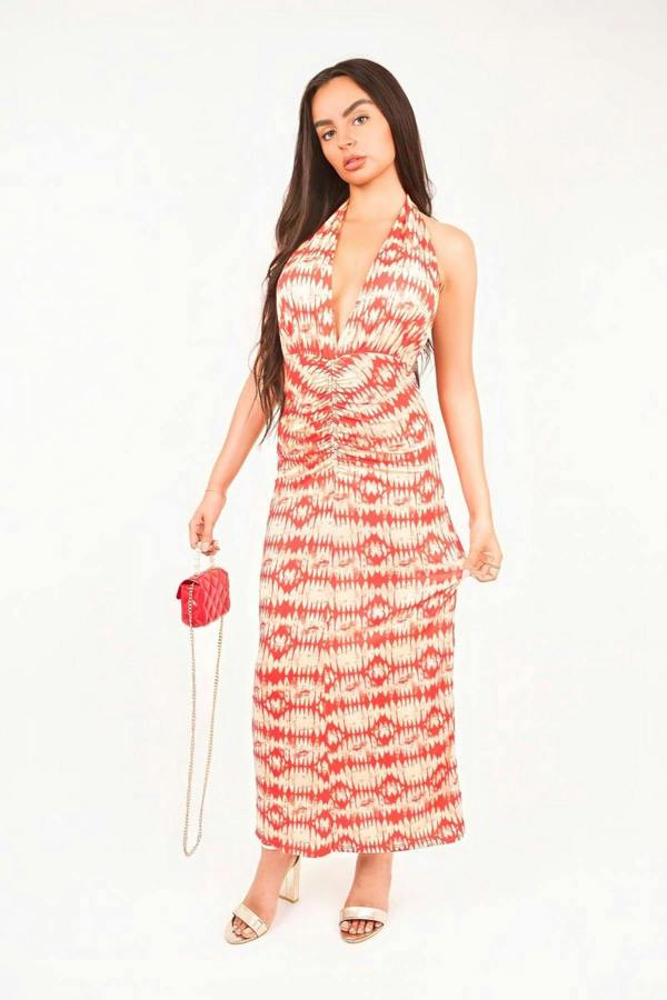 Seraya Halter Neck Ruched Abstract Print Midi Dress - Red