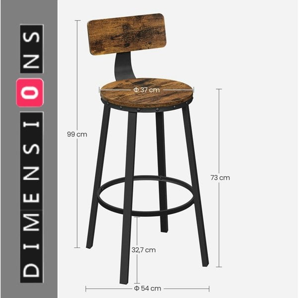 Modcraft Set of 2 Industrial Bar Stools with Backrest | 73cm Tall Kitchen Breakfast Chairs
