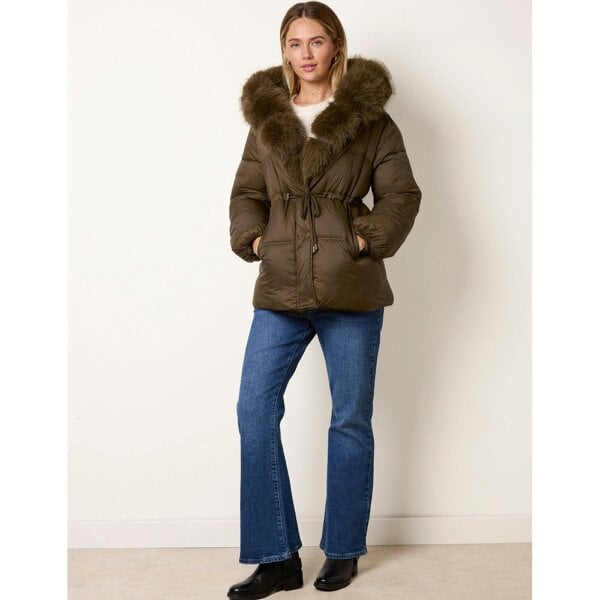Blue Vanilla Drawcord Waist Faux Fur Hooded Coat