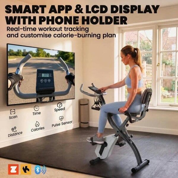4-In-1 Folding Exercise Bike with Resistance Bands, Bluetooth App, 8-Level Magnetic Resistance, LCD Display, Grey