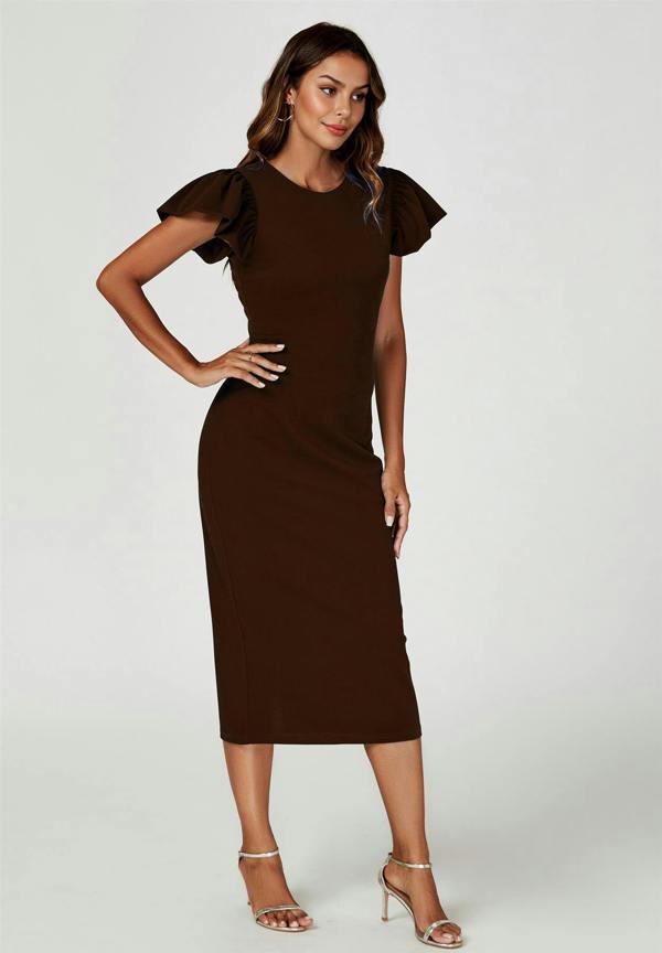 FS Collection Volume Sleeve Bodycon Midi Dress In Espresso