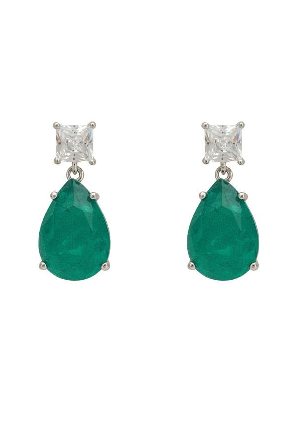 Pair of green and diamond earrings on a white background