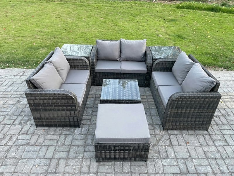 Fimous Outdoor Garden Furniture Sets 7 Seater Wicker Rattan Furniture Sofa Sets with Square Coffee Table Love seat Sofa Big Footstool 2 Side Tables