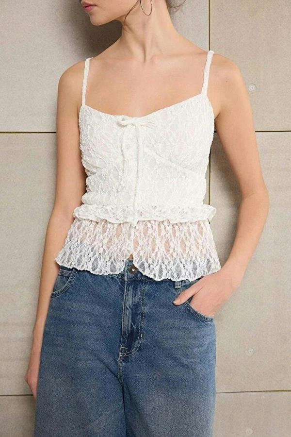 WOVCOR Fitted V-Neck Ruffled Lace Knit Blouse