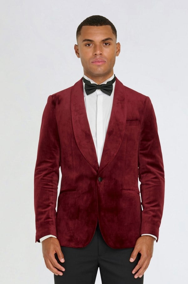 Harry Brown London Leo Velvet Tuxedo Dinner Jacket with Shawl Lapel Detail in Burgundy