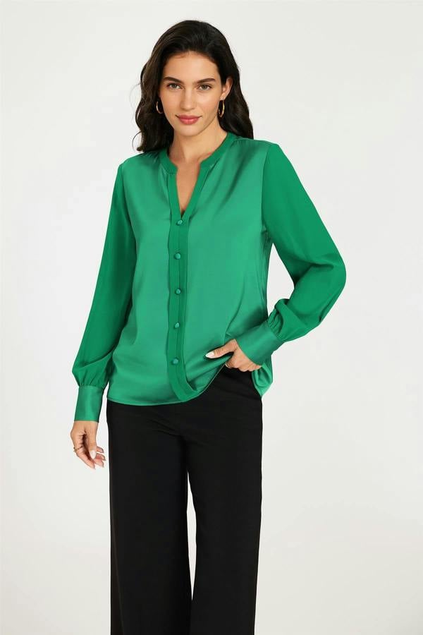 FS Collection Long Sheer Sleeve Satin Notch Neck Blouse Top In Green