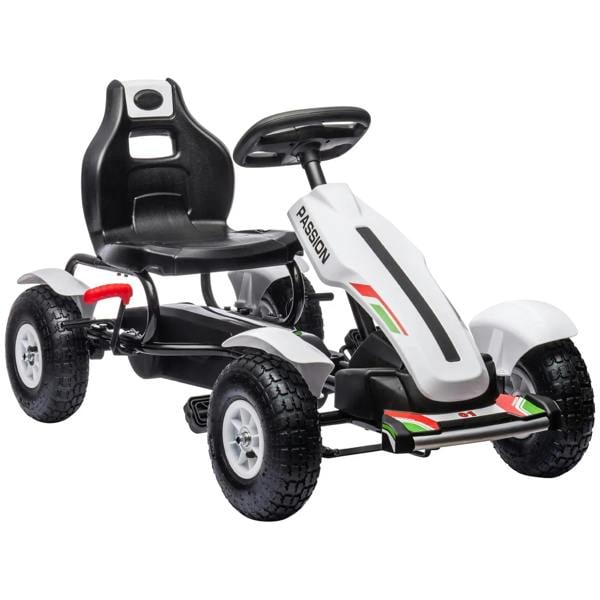 White kids pedal go-kart with black seat, steering wheel, and large inflatable rubber tires