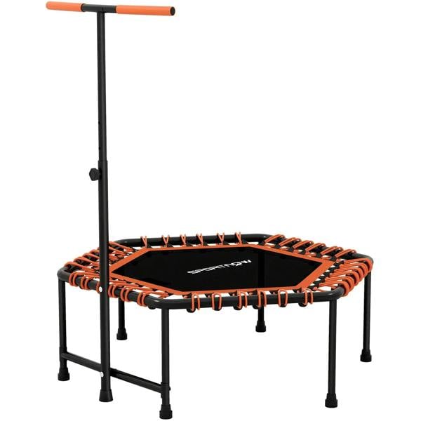 Orange 45-inch rebounder trampoline with black mat, orange bungee cords, and tall handle
