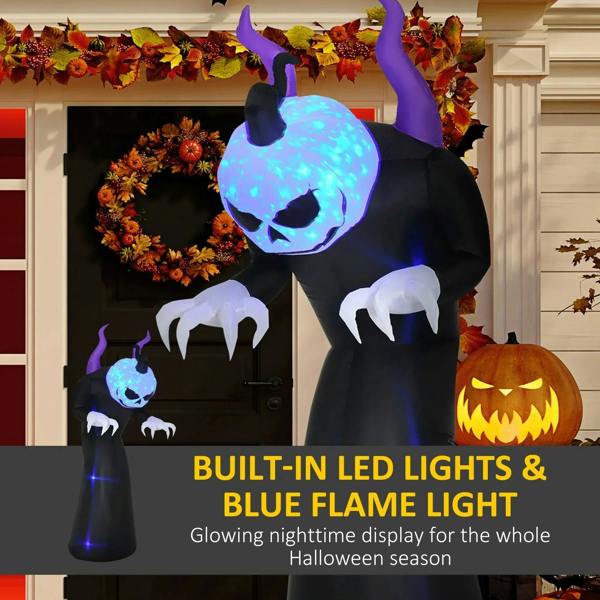Black inflatable ghost with purple horns, glowing blue face and white claw hands