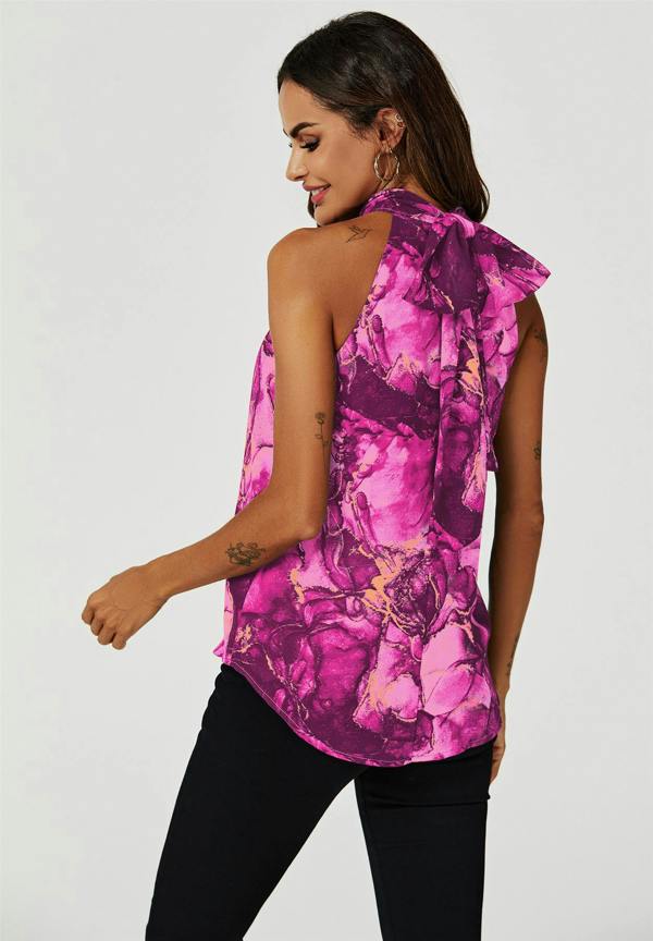FS Collection Marble Print Halter Neck Tie Back Top In Fuchsia Pink