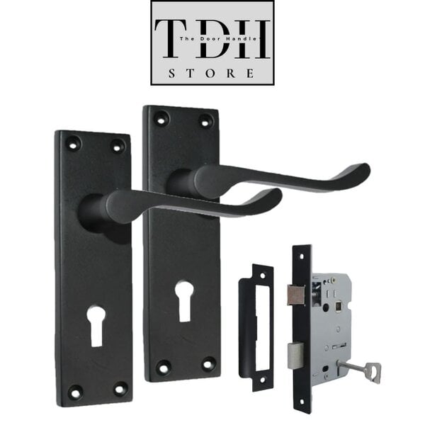 EDH Door Hardware Matt Black Bathroom Door Handles With Sash Lock - Victorian Scroll Door Pack