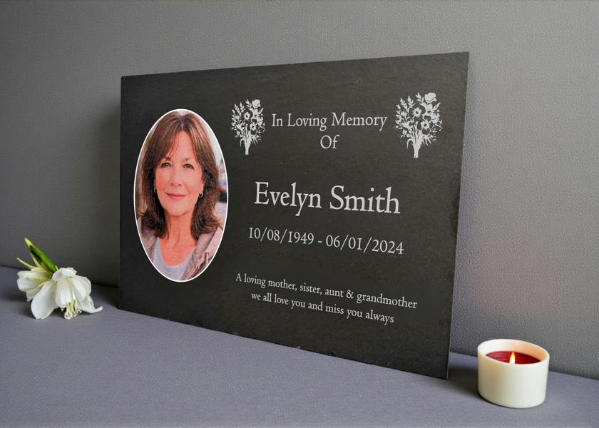 Memorials Direct Photo Slate Memorial Plaque, Mixed Flowers, Add a Portrait & Personalised Text | 35×25cm (14×10”)