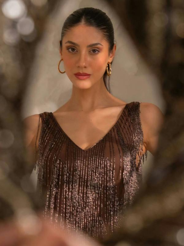 Rose & Nancy Sara Chocolate Beaded Fringe Mini Dress&nbsp;