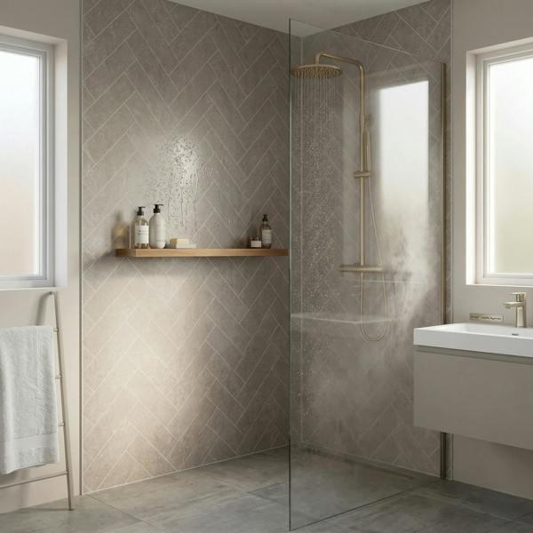Britwall Light Beige Herringbone PVC Shower Panel Matt Finish – Light Beige Herringbone