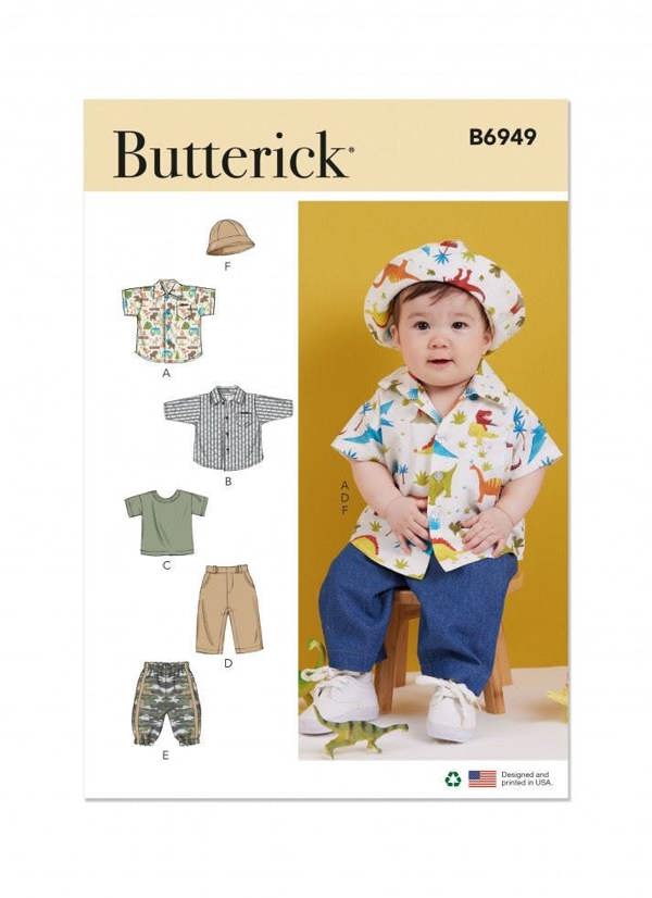 Butterick Sewing Pattern 6949, Tops, Shirts, Headwear, Trousers for Baby, A (XS-S-M-L) - Easy