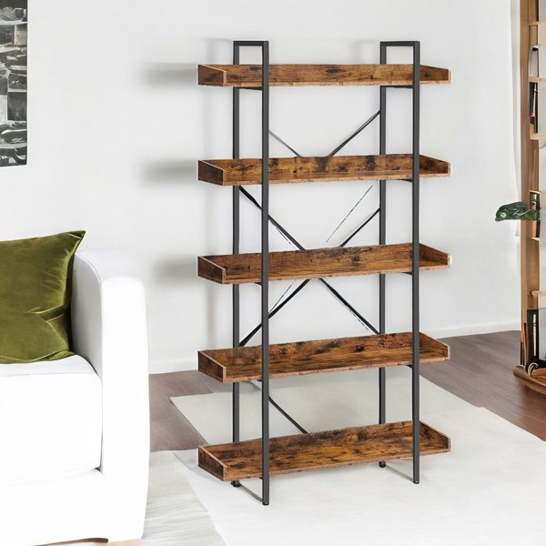 Rafaelo Mobilia Industrial 5 Tier Rustic Brown Bookcase