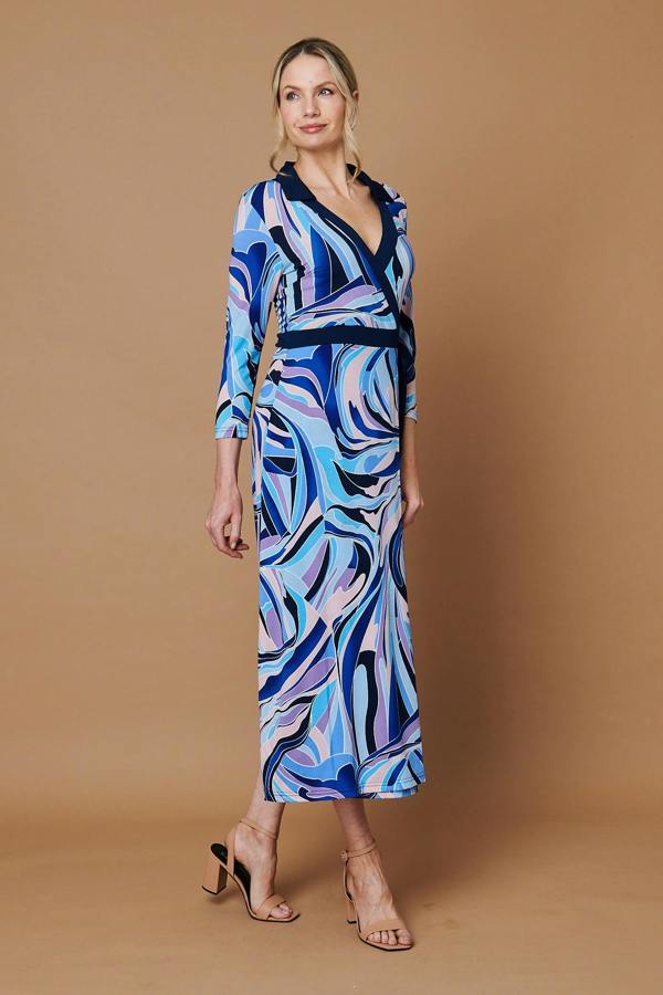 Blue | Abstract Tie Waist Midi Wrap Dress