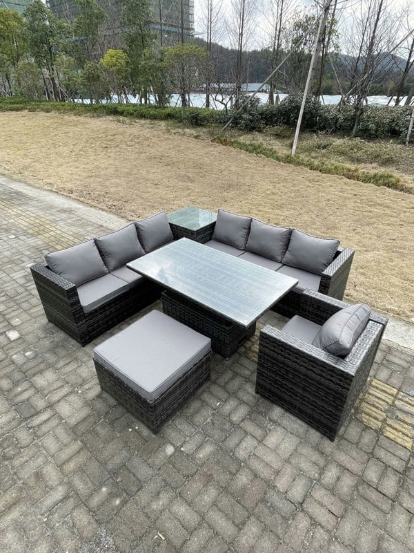 Fimous 8 Seater PE Rattan Corner Sofa Set Rising Adjustable Dining Table Set High Side Coffee Table With Arm Chair Big Footstool