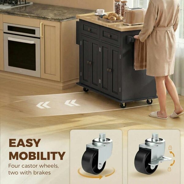 Kitchen Island on Wheels, Rolling Kitchen Trolley with Rubberwood Top, 2 Drawers, Adjustable Shelves, Black