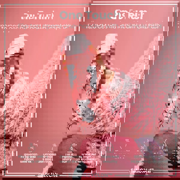 A pink koala-decorated water bottle is being held; its flip top opens one-handed. The bottle is featured against a pink background, partially obscured by a pink fuzzy garment. One Touch. Flip top opens one-handed with a simple click. Flips open with a simple click. One-handed use on the go. Triple lock security. 100% leak proof - no twisting, no leaks. SLIM RECYCLON™.