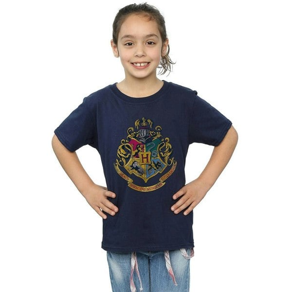 Harry Potter Girls Hogwarts Crest Cotton T-Shirt - Navy Blue