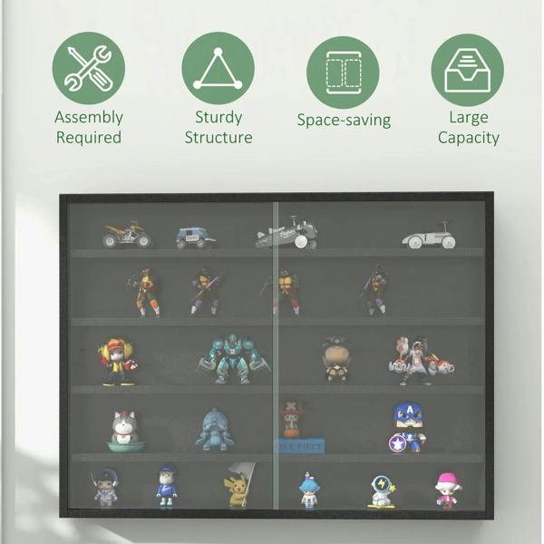Black wall display cabinet with glass doors on shelves, arranged with decorative figures