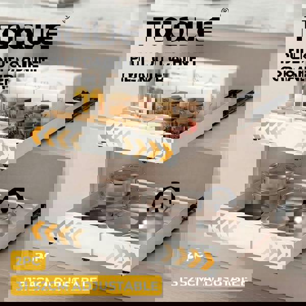 TOQUE Pull Out Cabinet Organizer Adhesive 2 Pcs Expandable White Storage Drawers