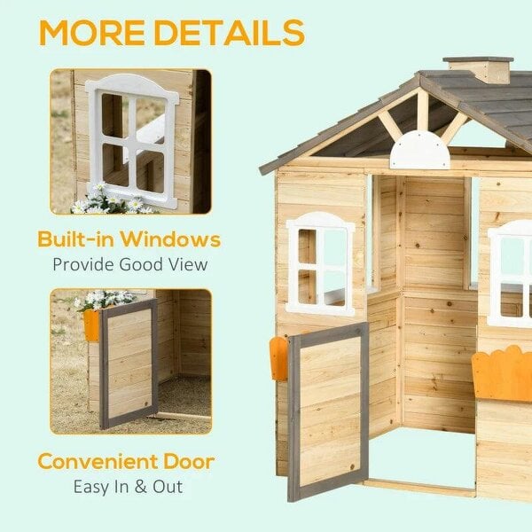 Wooden Playhouse for Kids Outdoor Wendy House with Door, windows, Bench, Service Stations, Flowerpot Holder, For Ages 3-7 Years