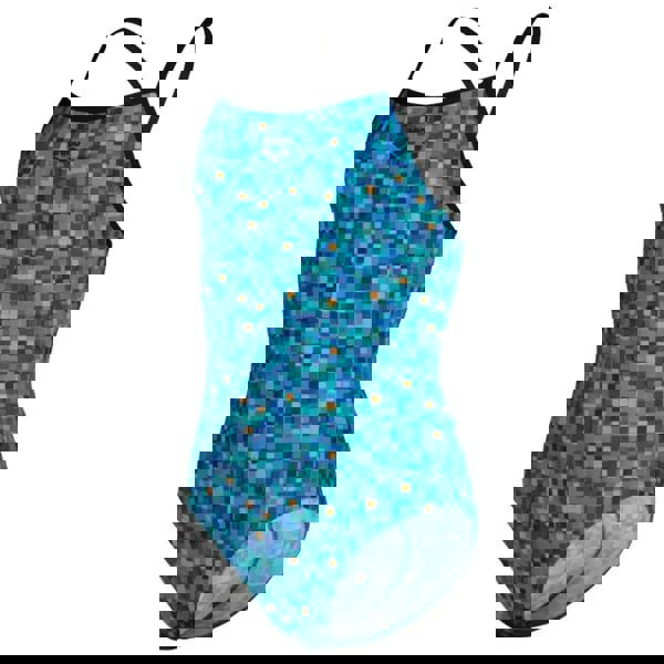 Cute girls pooltiles lightdrop swimsuit in black blue multi with blue pixelated design