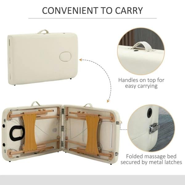 Cream folding massage bed with carry bag, secured by metal latches, wooden frame