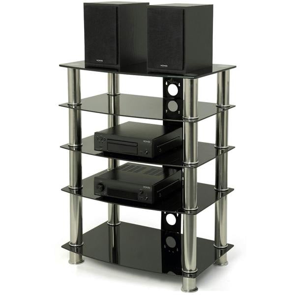 Homeology Galago 5-Shelf Premium Black Glass with Silver Legs AV Rack