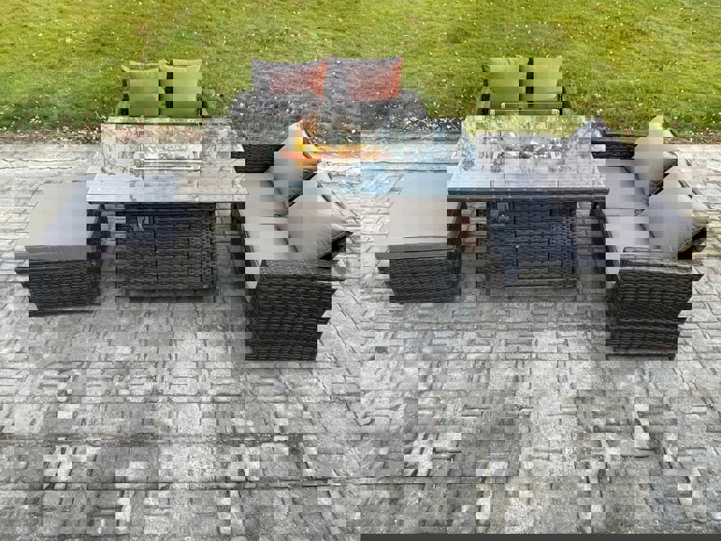 Fimous 4 Pieces Garden Furniture Sets Poly Rattan Outdoor Patio Gas Firepit Dining Table Sofa Set with Big Footstool