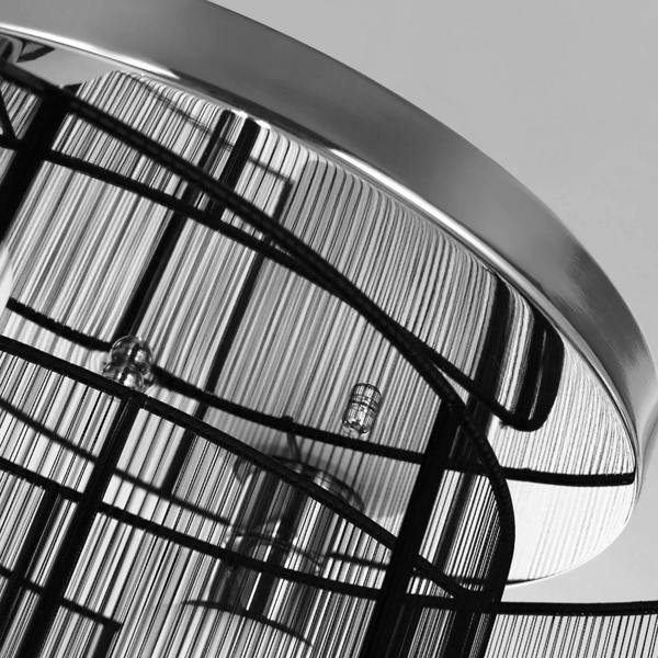 Chrome-rimmed black wire-cage semi-flush chandelier canopy with vertical striped mesh.