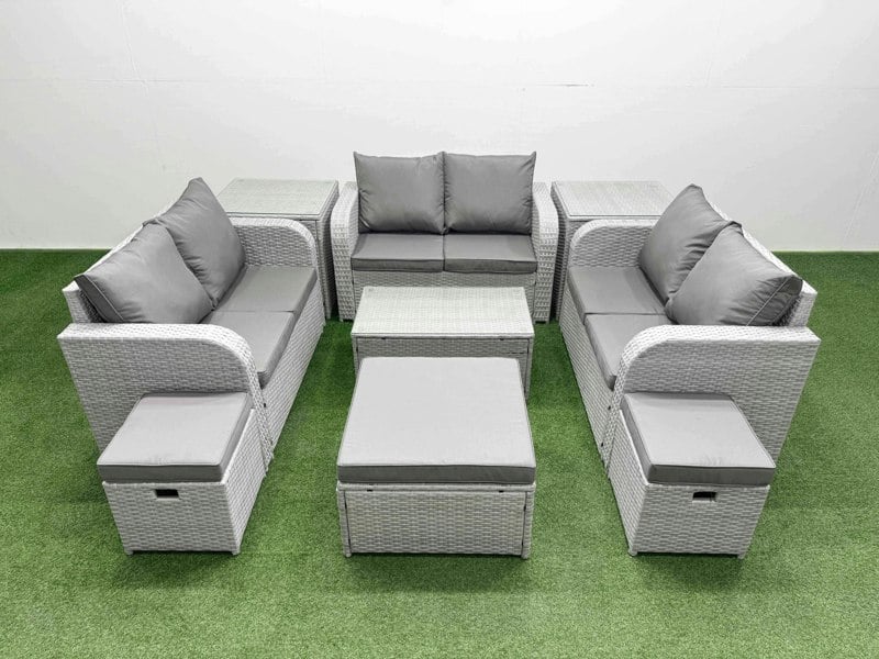 Fimous  9 Seater PE Wicker Rattan Furniture Sofa Sets with Rectangular Coffee Table 2 Seater Love Sofa 3 Stool Side Table Light Grey