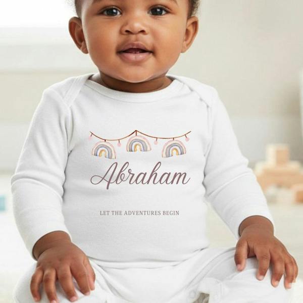 Personalised Rainbow Bunting Baby Grow, Vest or Bib with Name