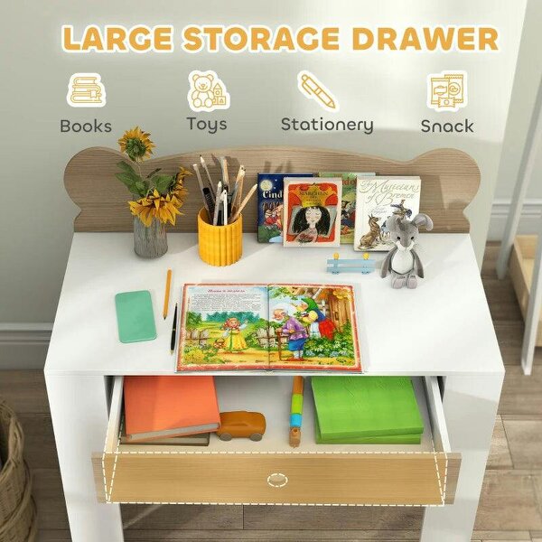 Kids Desk and Chair Set with Drawer for Drawing, Reading, Bear Theme Children Furniture for Bedroom, Daycare, Natural