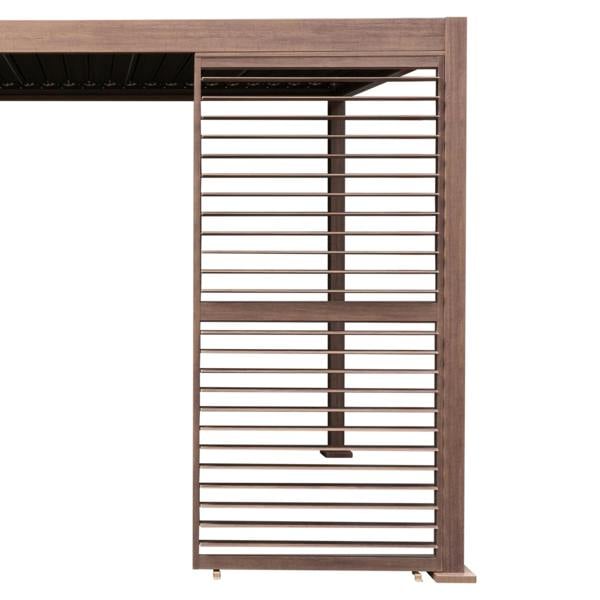 Wood effect aluminium pergola shutter panel, 92cm wide, featuring horizontal slats in a rich brown finish for outdoor elegance