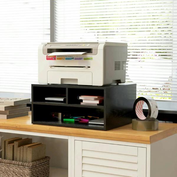 Black three-compartment printer stand with open storage shelves under a printer