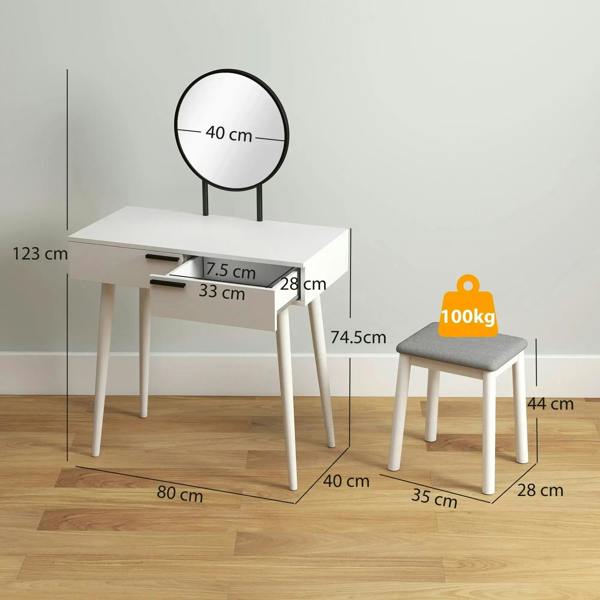 White vanity desk with round mirror, two drawers, and gray cushioned stool
