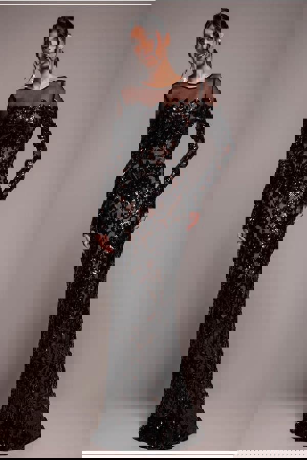 Floral Sequin Mesh Maxi - Black DR4041