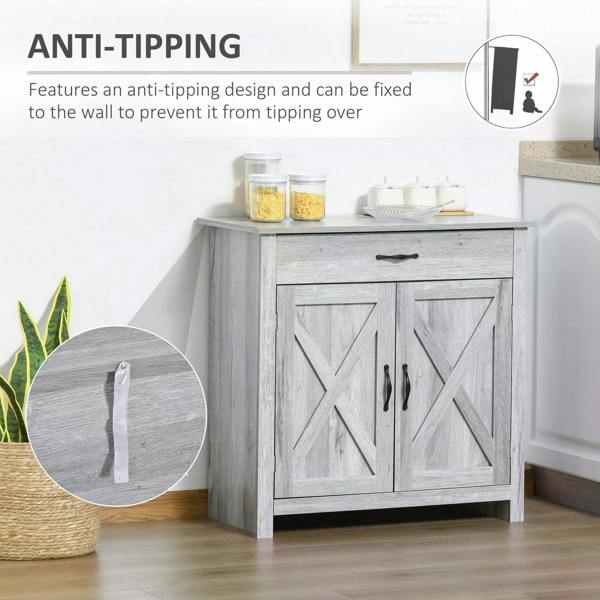 Grey sideboard cabinet with barn-style doors and open lower storage