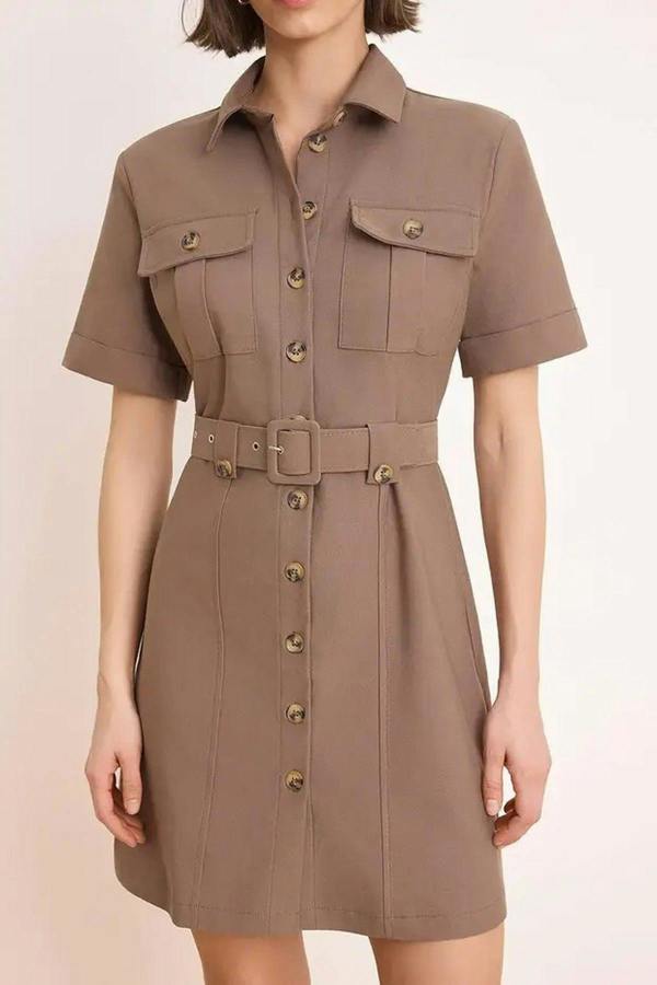 WOVCOR Belted Mini Gabardine Woven Shirt Dress