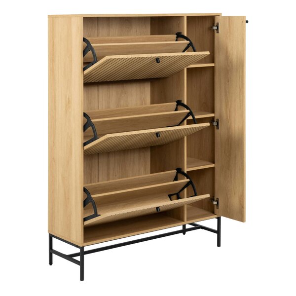 Wyld Haus Bjork Natural Oak Wood and Black Panelled Shoe Cabinet 4 Doors