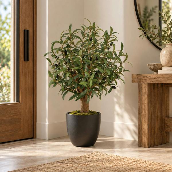 Artificial Olive Tree Natural Wood Trunk in Black Pot - 72cm