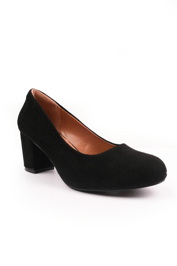 Where's That From Melrose Wide Fit Mid Block Heel Court Shoes in Black Suede