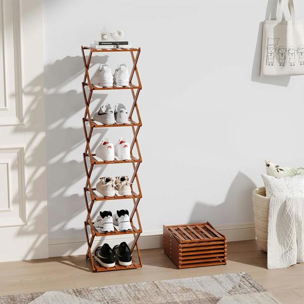 Living and Home 7 Tier Bamboo Folding Shoe Rack Shoe Storage Organiser - Brown